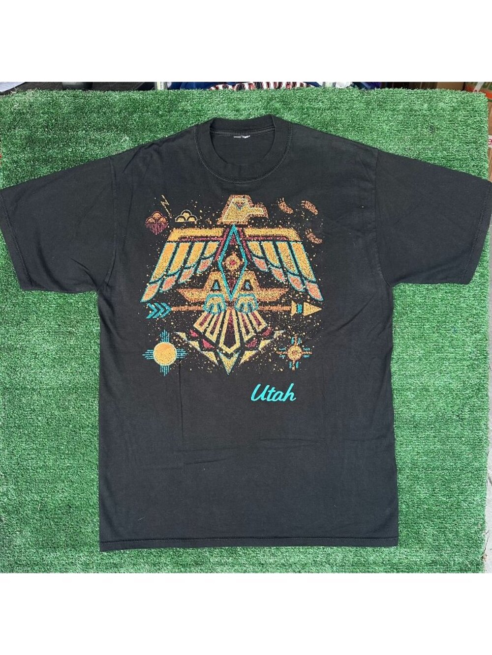 Vintage 90s Utah Thunderbird Aztec Navajo T-Shirt Black L Tribal Grunge Western